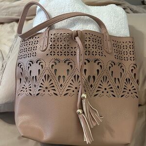 Elegant Tan Tote Bag with Tassel Accents